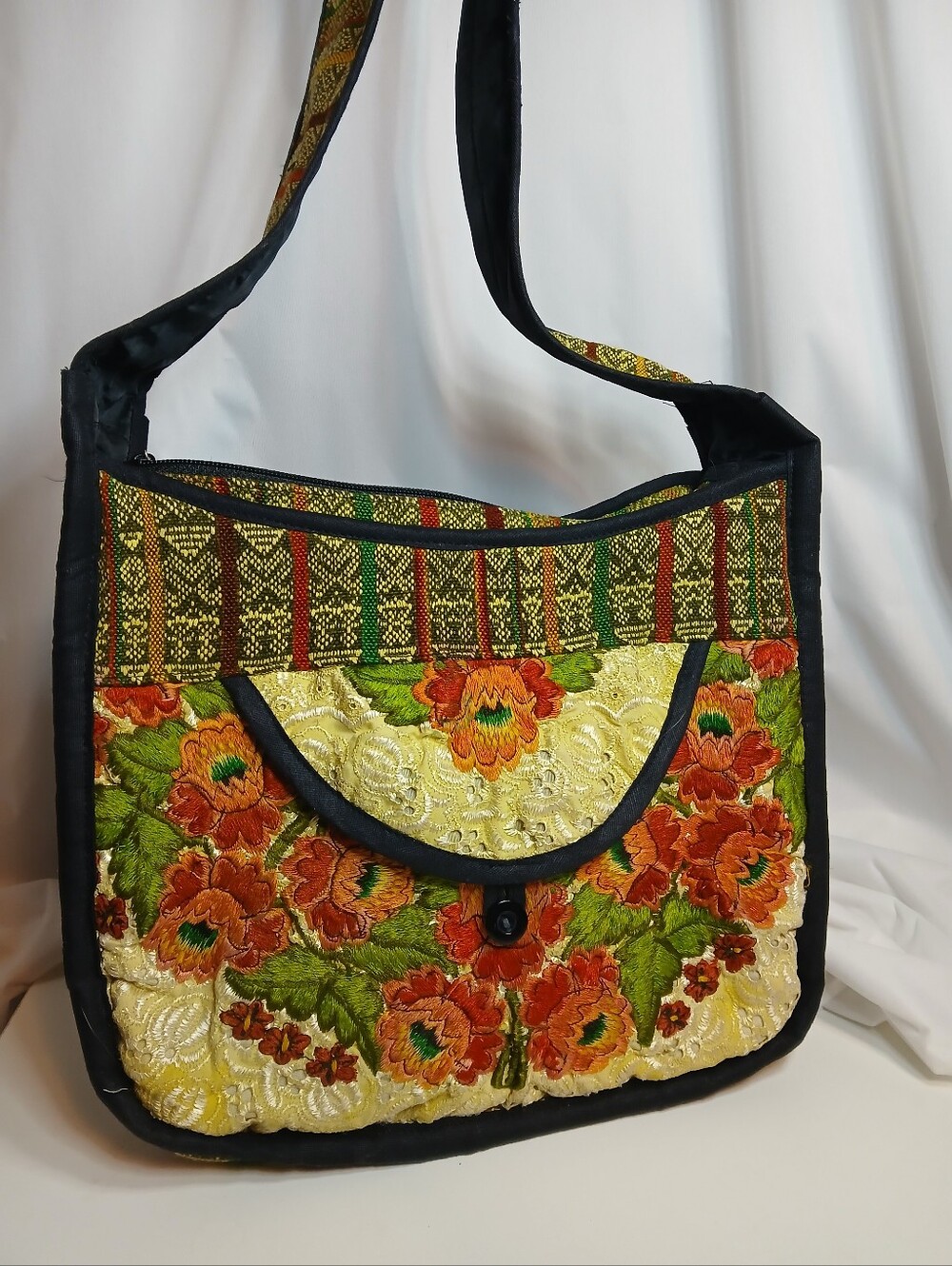 Hippie Dippy Boho Vintage Shoulder Bag Fabric Embroidered Floral Mixed Fabric